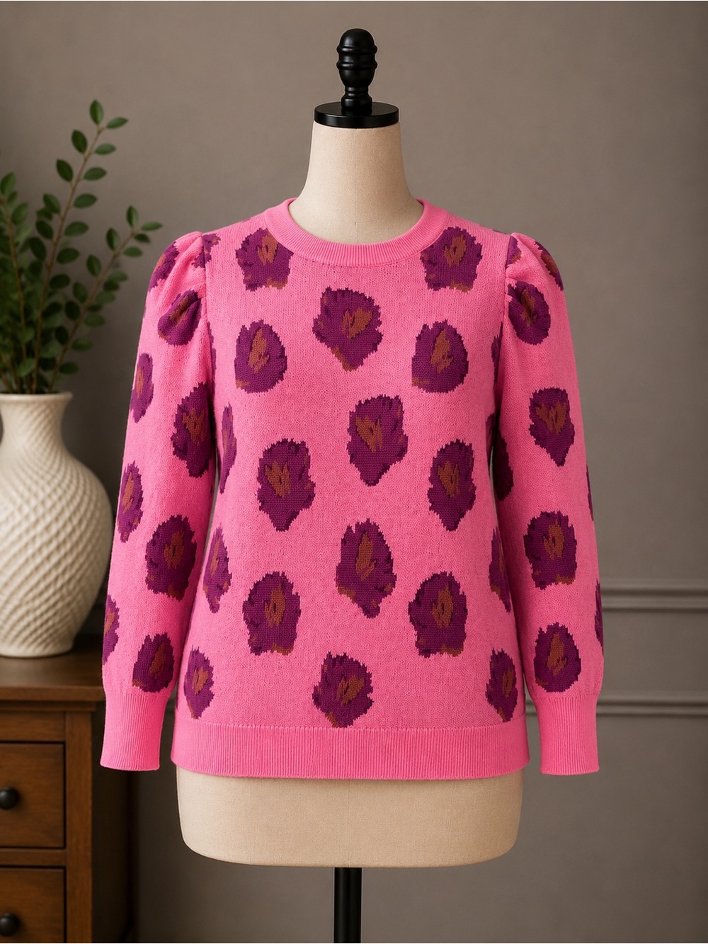 CROSBY by Mollie Burch Bright Pink Floral Jacquard Crewneck Sweater